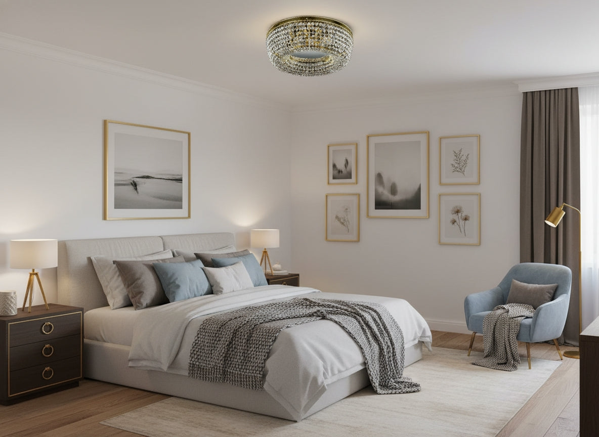 Luminaire doré installé au plafond d'une chambre à lit blanc et bleu