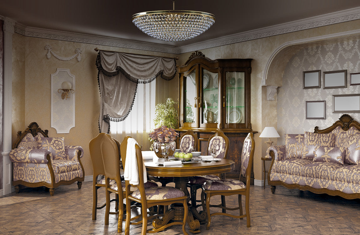 Mise en ambiance du luminaire au-dessus d'une table de salle à manger classique