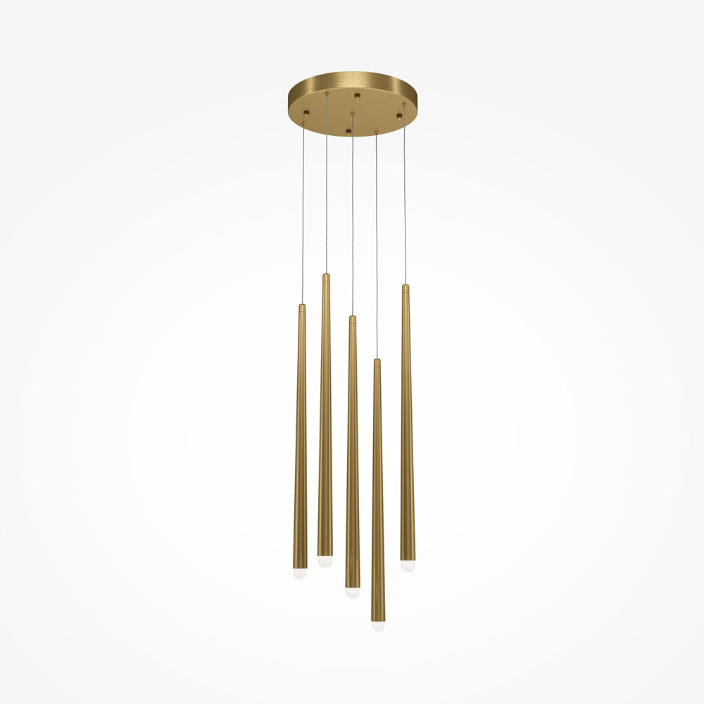 Version cinq tubes dorés suspendus en cascade sous une rosace circulaire