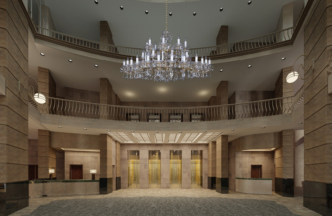 Lustre suspendu au centre d'un grand hall en pierre, mise en ambiance