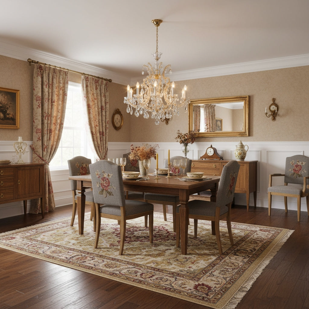 Lustre suspendu dans une salle à manger chaleureuse à rideaux fleuris et tapis persan