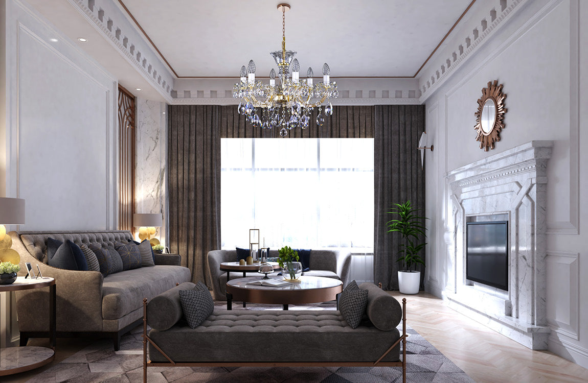 Mise en ambiance du lustre suspendu au plafond d'un salon classique, canapés et cheminée