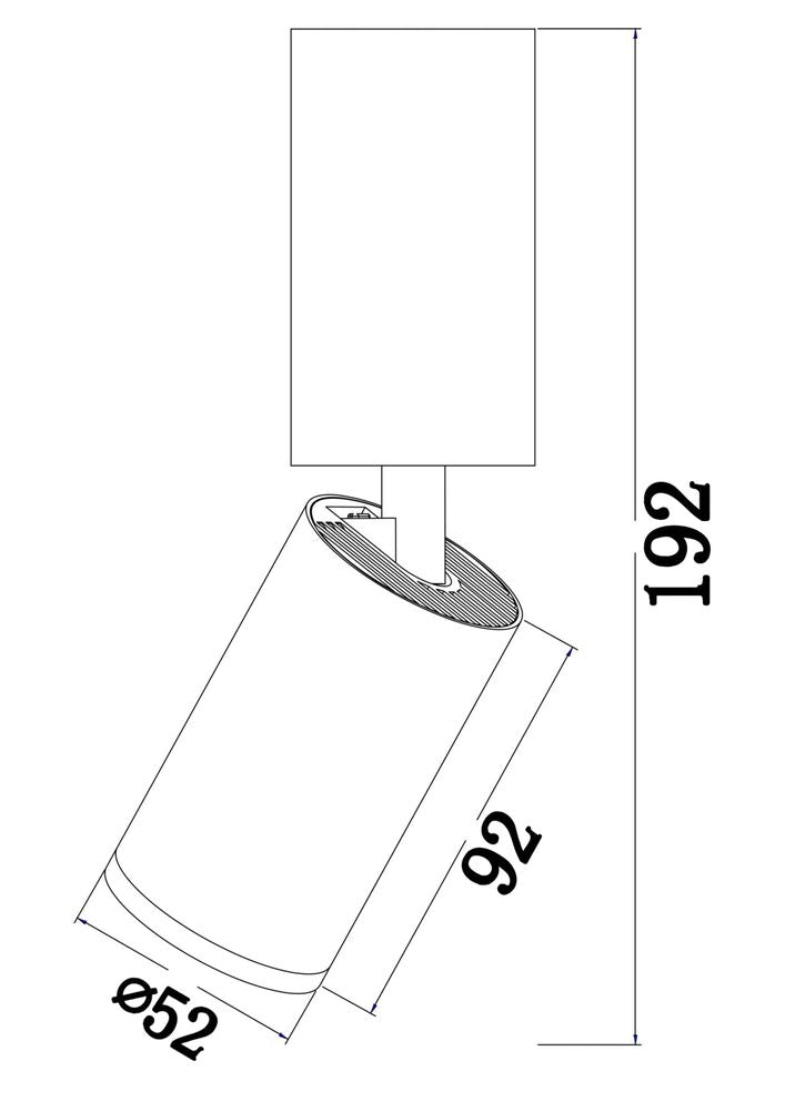 Schema technique cote avec hauteur 192 mm, longueur 92 mm et diametre 52 mm