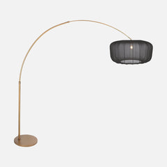 Goldene Bogenlampe, schwarzer Segeltuch-Lampenschirm Ø 60 cm für das Wohnzimmer | Arvik