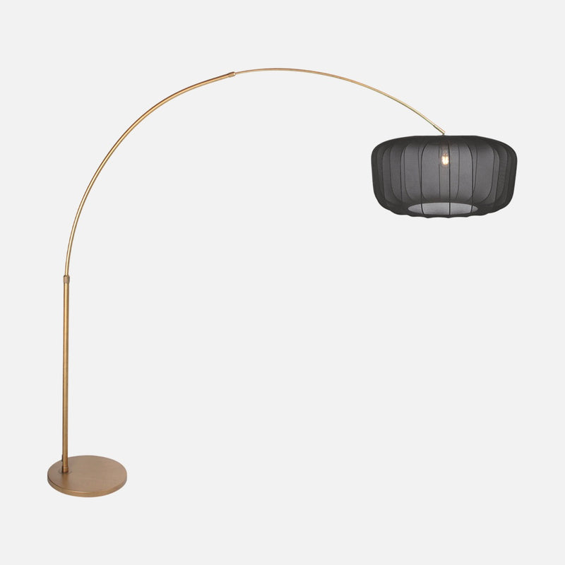 Goldene Bogenlampe, schwarzer Segeltuch-Lampenschirm Ø 60 cm für das Wohnzimmer | Arvik