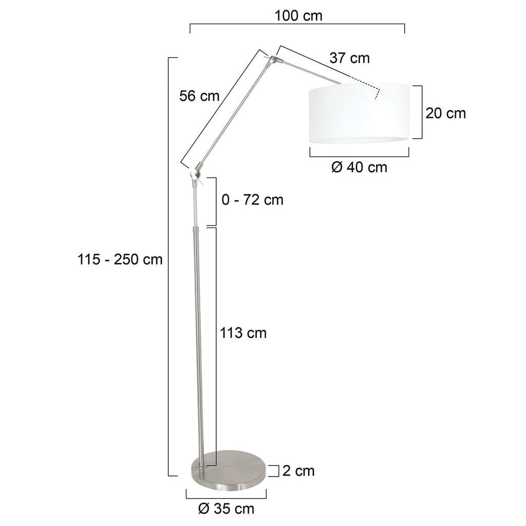 Schéma coté du lampadaire, hauteur réglable et dimensions détaillées