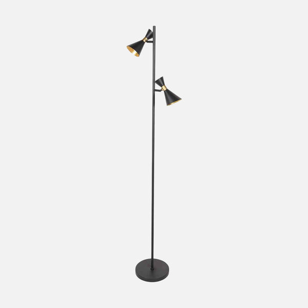 Schwarze GU10-Stehleuchte mit 2 verstellbaren Spots, Diabolo-Schirm & Messing | Preto