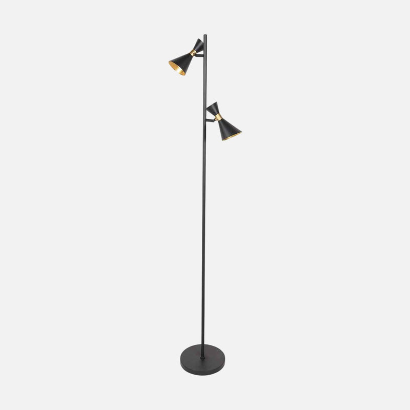 Schwarze GU10-Stehleuchte mit 2 verstellbaren Spots, Diabolo-Schirm & Messing | Preto