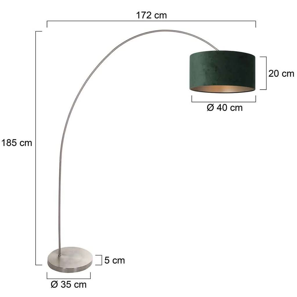 Schéma coté du luminaire avec hauteur, portée et diamètres du socle et abat-jour