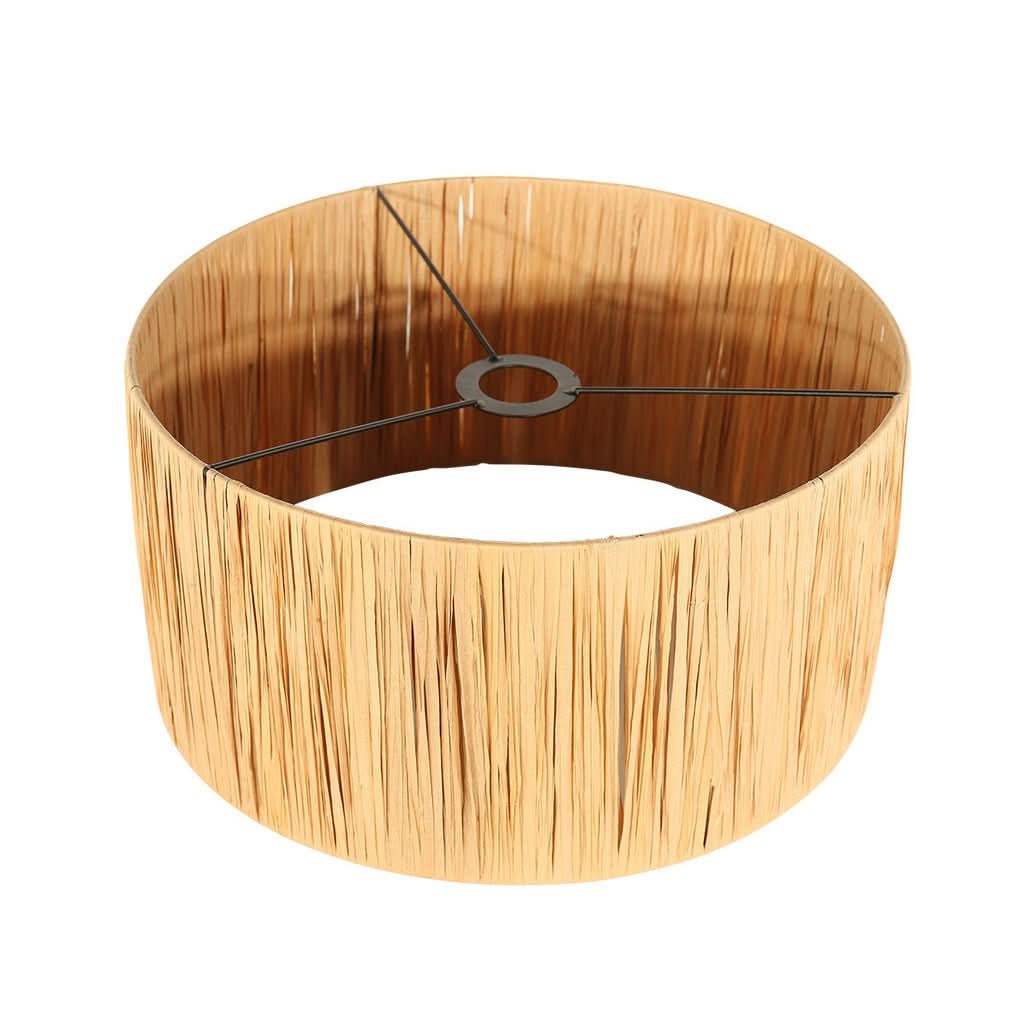 Détail de l'abat-jour cylindrique en raphia vu de dessous, armature métallique