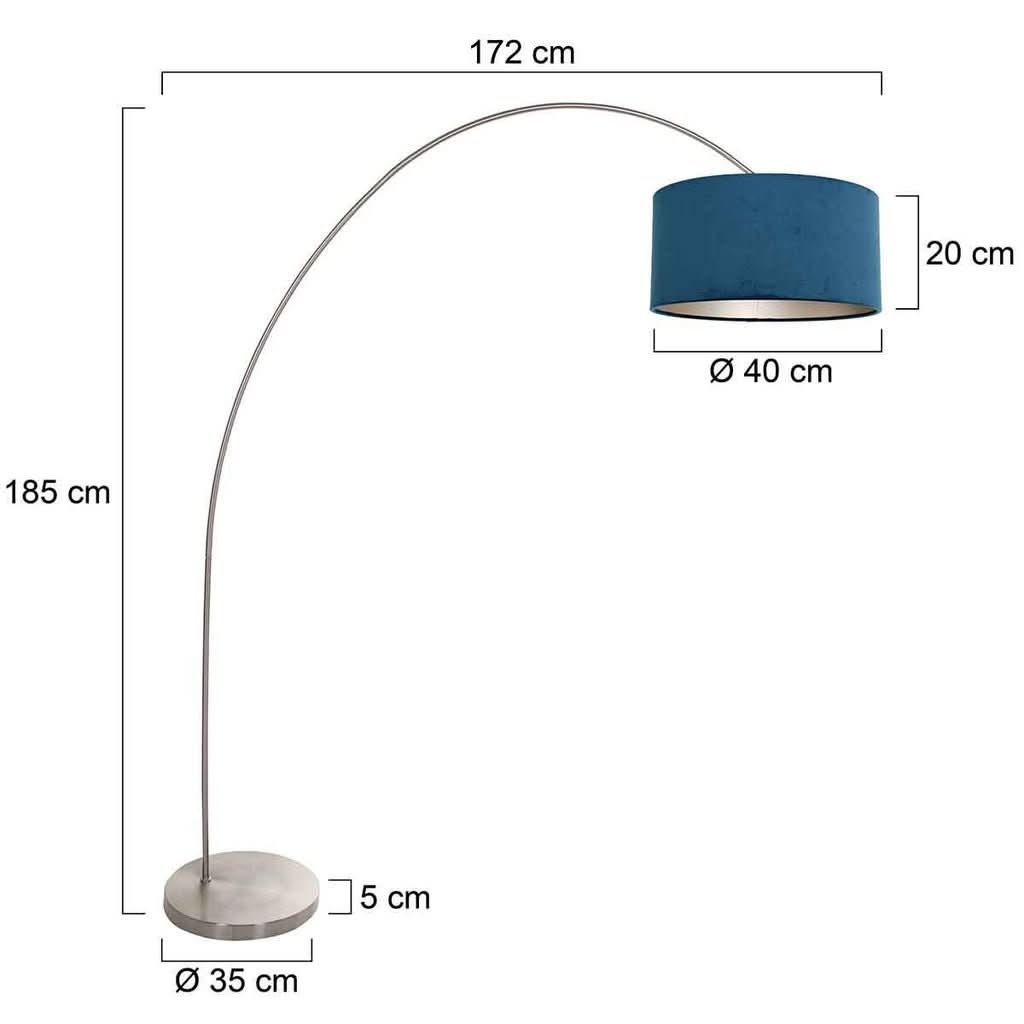Schéma coté : hauteur 185 cm, largeur 172 cm, diamètres de l'abat-jour et de la base