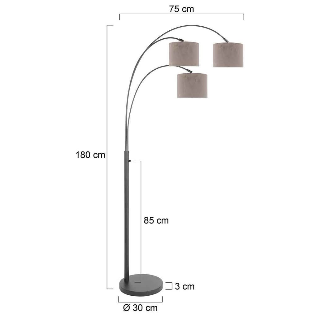 Schéma coté du lampadaire : hauteur 180 cm, largeur 75 cm et base de 30 cm.