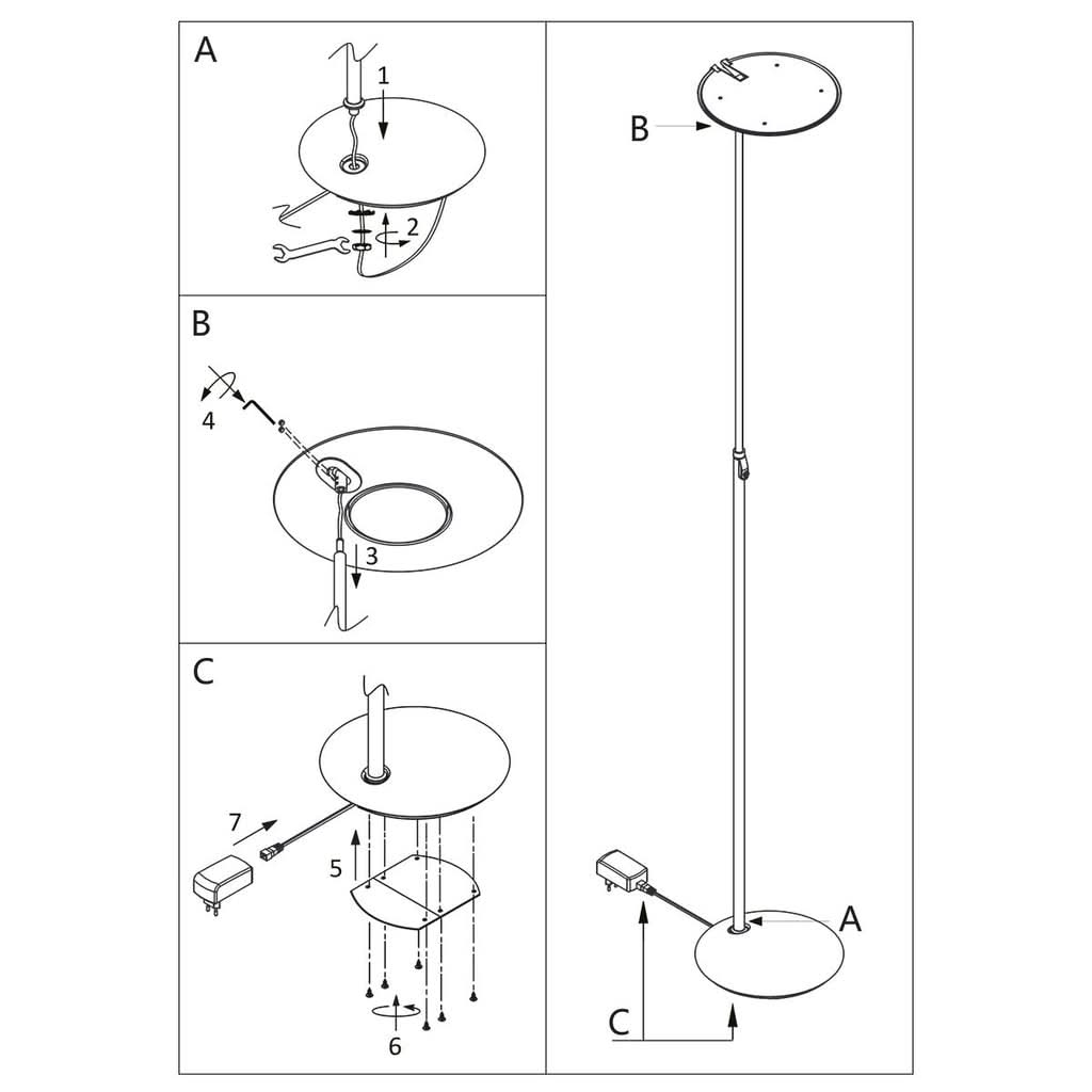 Schéma de montage détaillant fixation de la tige, du socle et branchement électrique.