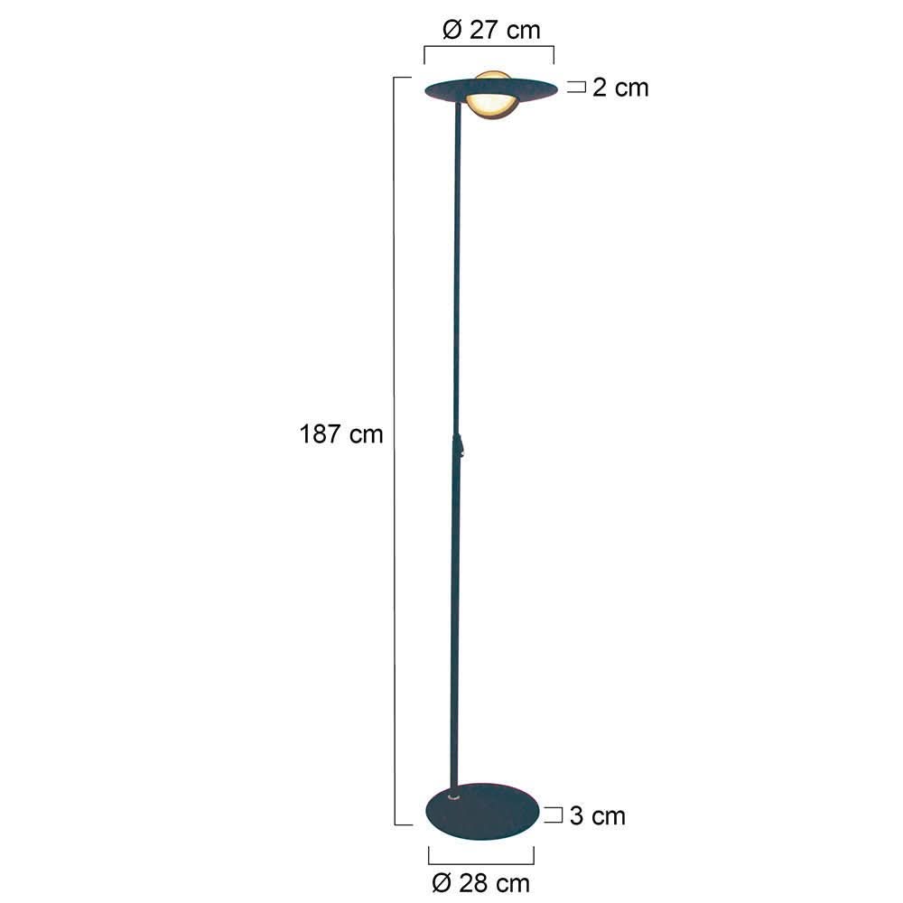 Schéma de dimensions indiquant hauteur 187 cm, diamètre abat-jour 27 cm et base 28 cm.