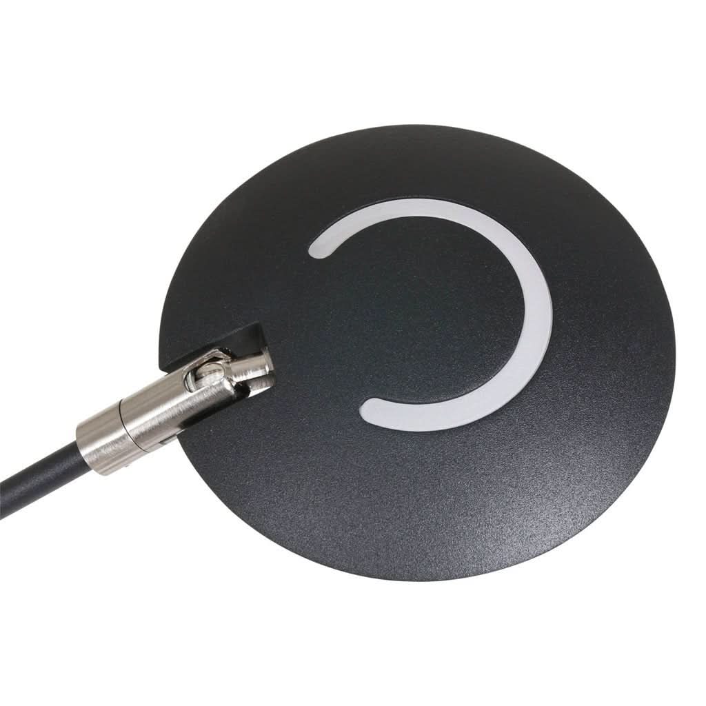 Vue rapprochée de la tête orientable, anneau LED éteint sur disque noir mat.