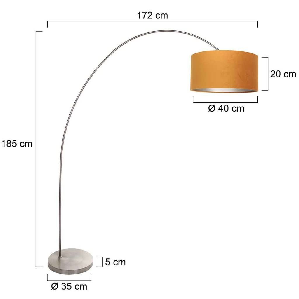 Schéma coté de la lampe : hauteur, portée, diamètres de l'abat-jour et du socle.