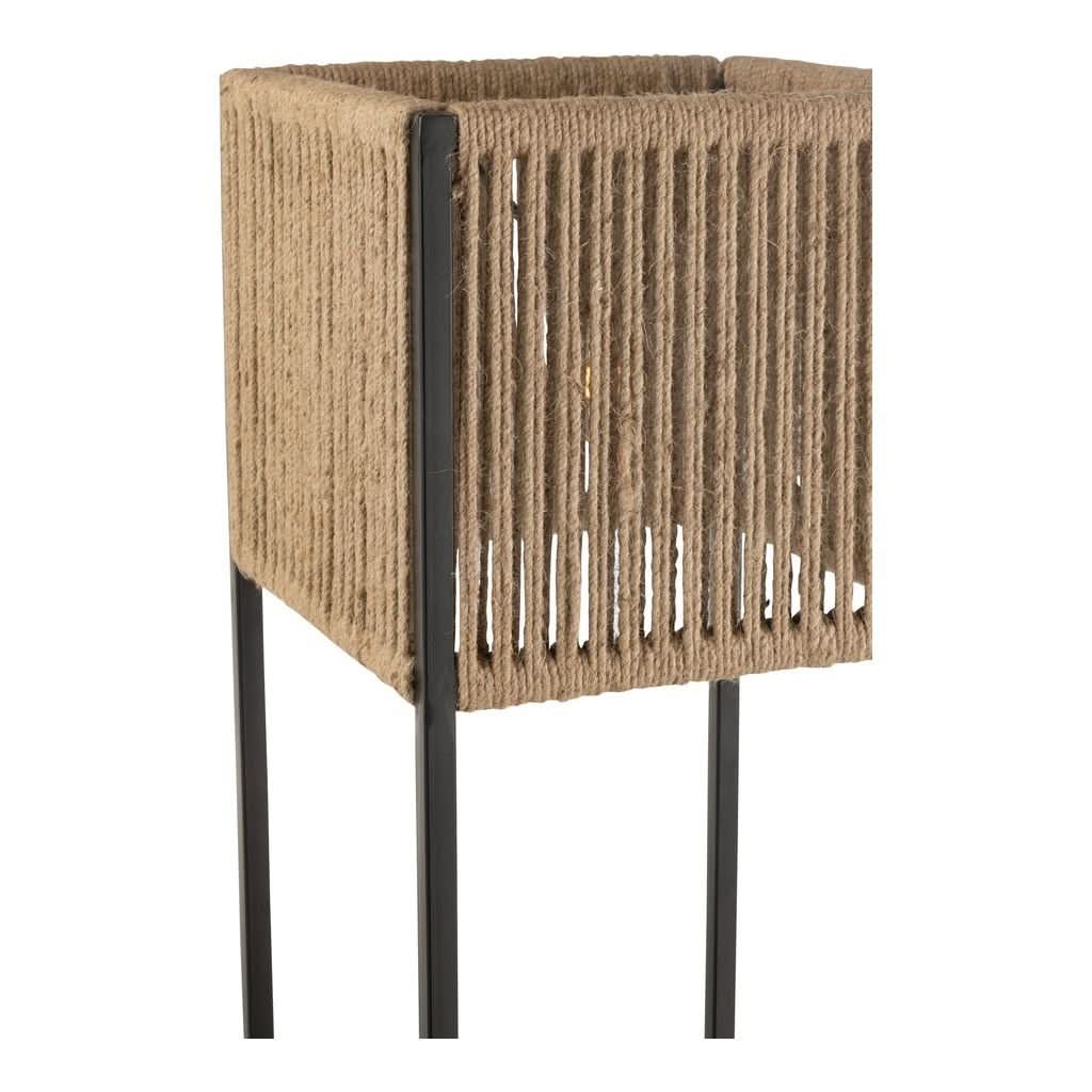 Détail de l'abat-jour en jute verticale et structure métallique noire, sans éclairage.