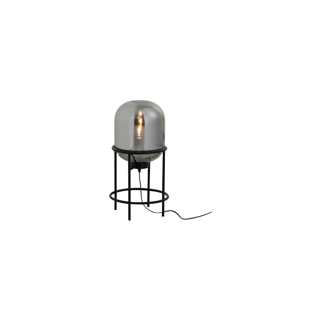 Même lampe allumée, ampoule visible à travers le verre fumé, cordon noir, fond blanc.