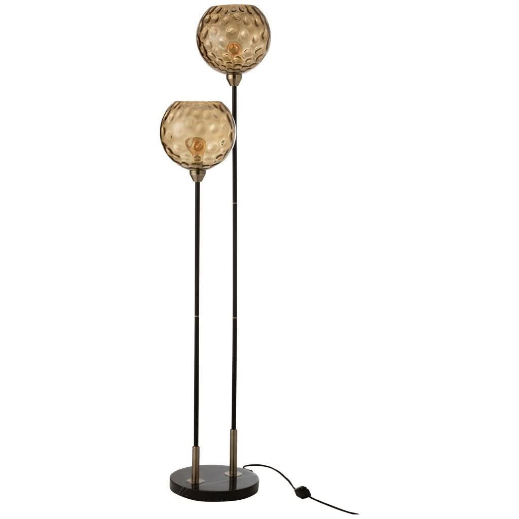Lampadaire à deux globes en verre ambré martelé, tiges fines et base circulaire