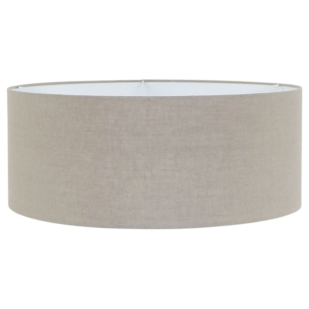 Gros plan sur l'abat-jour tambour en tissu beige grisé à intérieur blanc