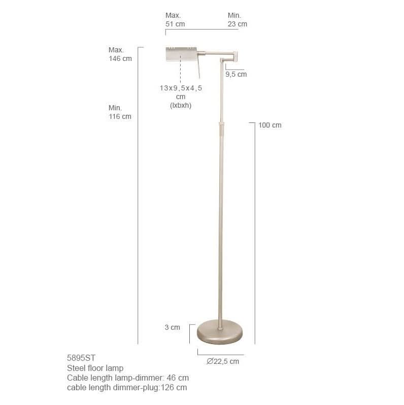 Schéma coté indiquant les dimensions minimales et maximales de la lampe et de sa base.