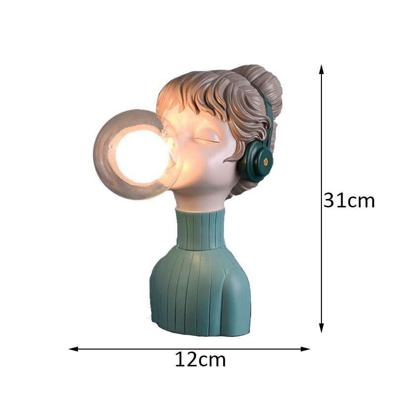 Vue de profil cotée du buste avec casque vert, hauteur 31 cm et largeur 12 cm