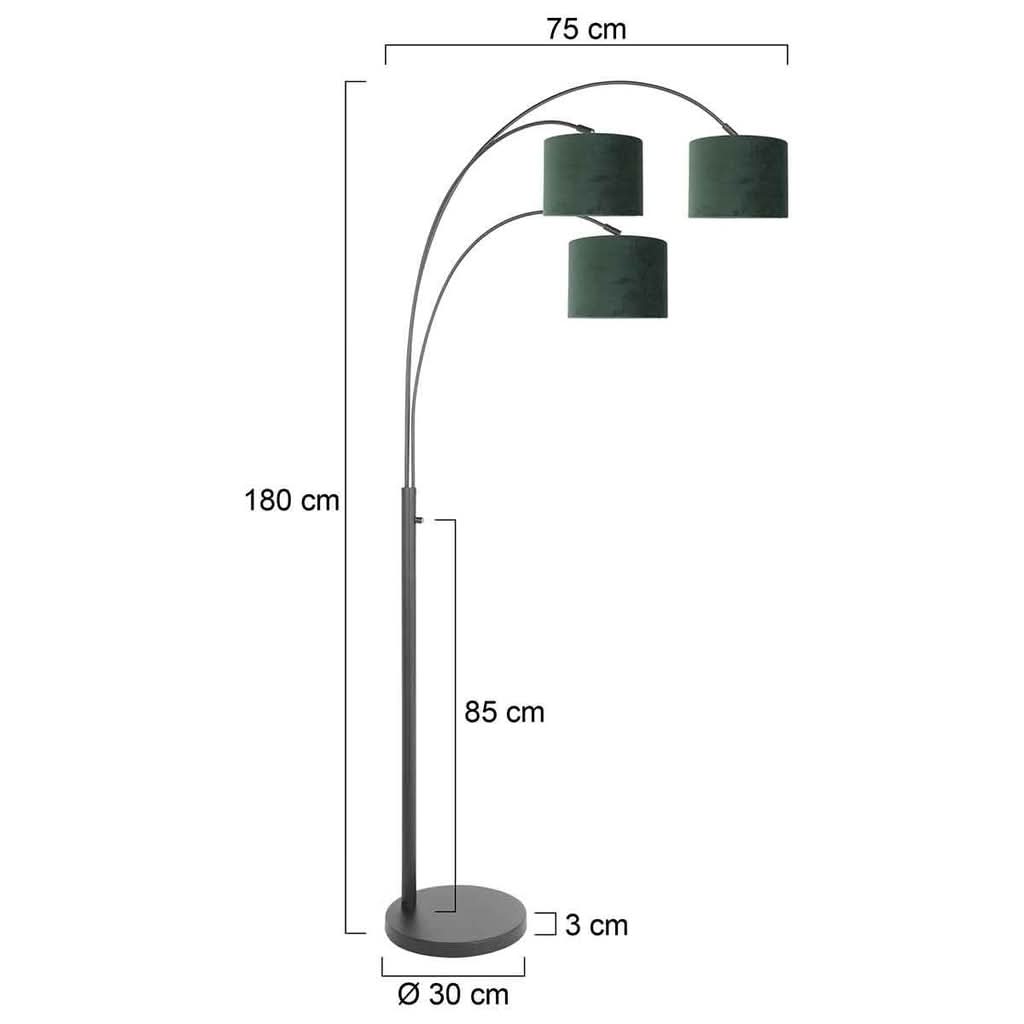 Schéma coté de la lampe : hauteur 180 cm, envergure 75 cm, base 30 cm.