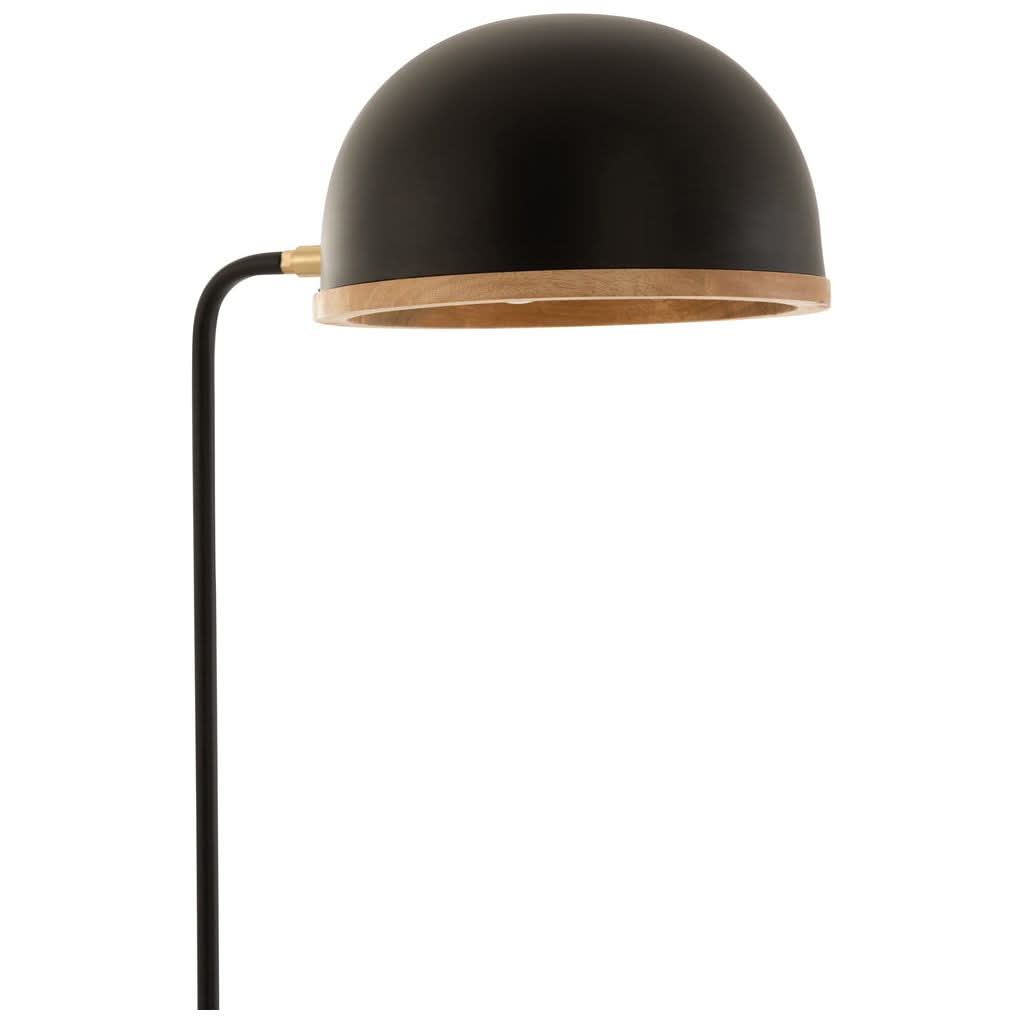 Détail de l'abat-jour noir avec bordure en bois et fixation dorée.
