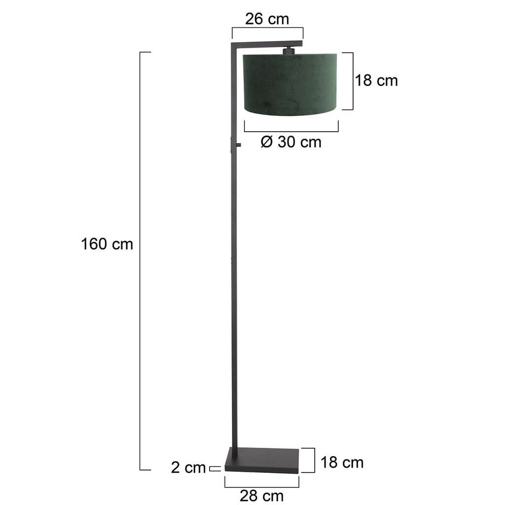 Schéma coté du luminaire indiquant hauteur, diamètre d'abat-jour et dimensions de la base rectangulaire.
