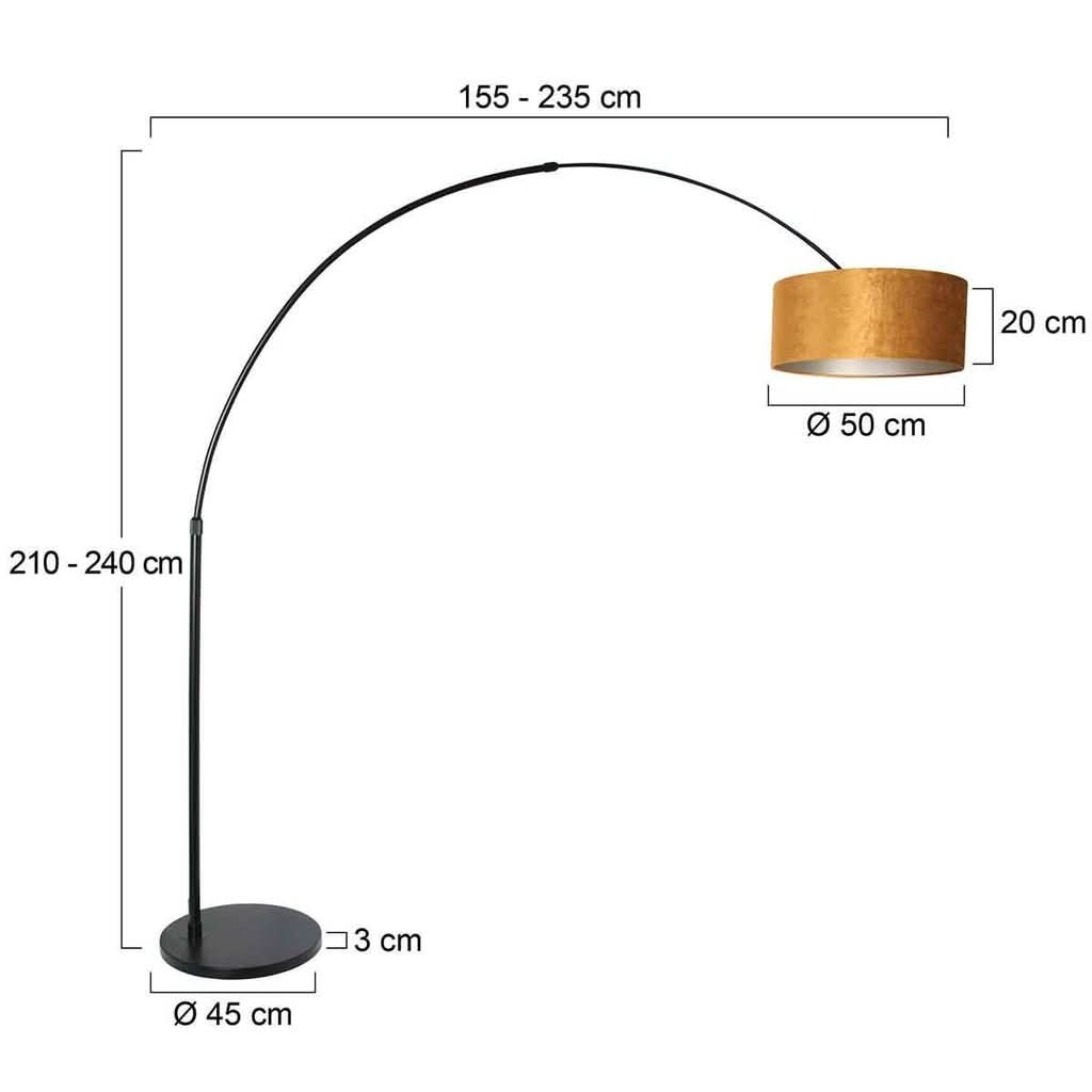 Schéma coté de la lampe : largeur 155 à 235 cm, hauteur 210 à 240 cm.