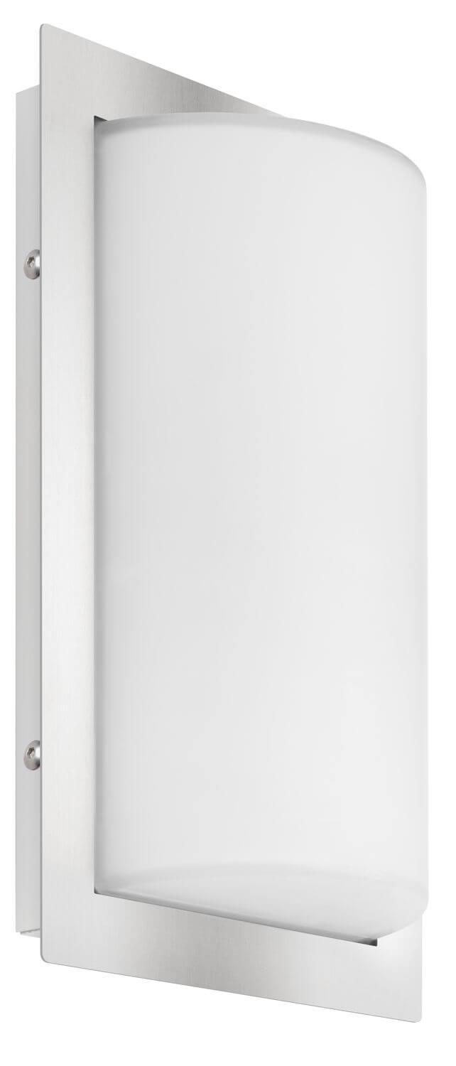 Vue de profil de l'applique murale en inox avec fixation murale et diffuseur bombé.