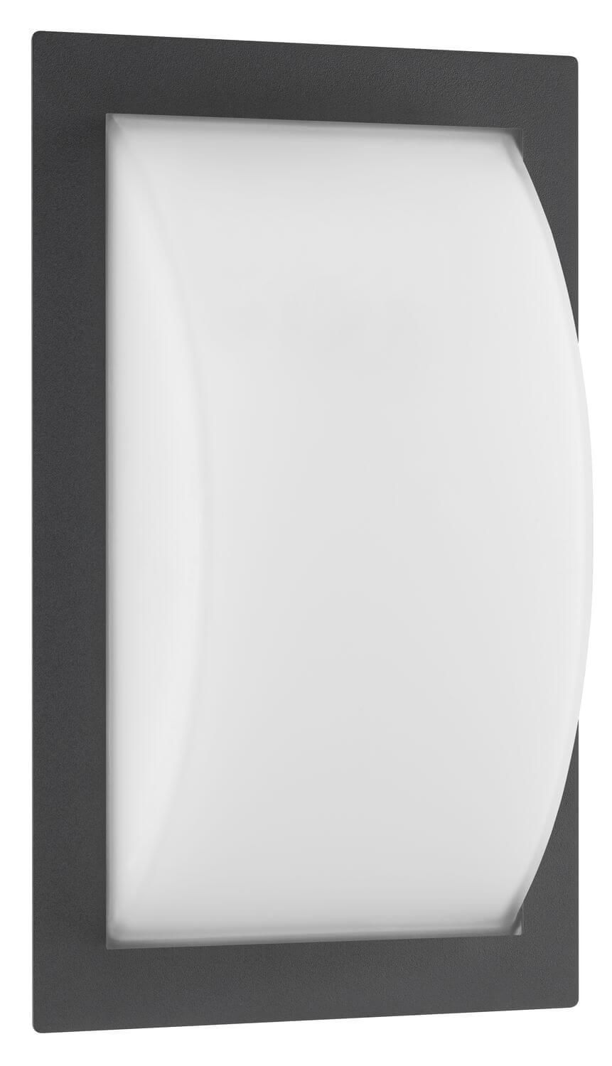 Vue de face du luminaire mural rectangulaire à cadre anthracite et diffuseur blanc bombé.