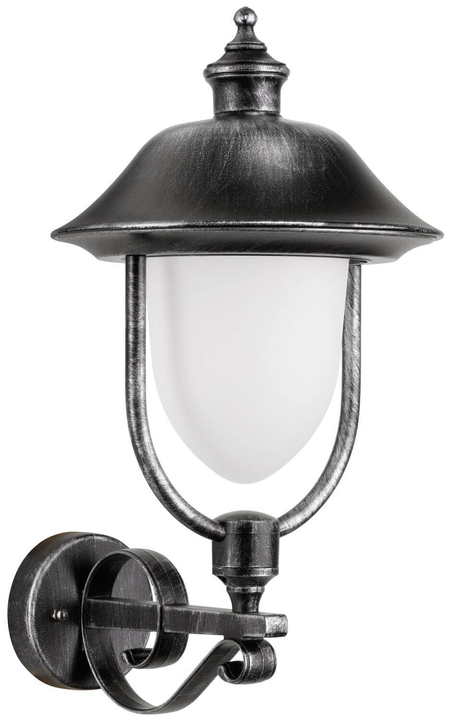Vue de trois quarts du luminaire, capot métallique patiné et diffuseur blanc