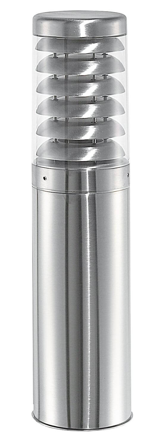 Détail du haut transparent et des déflecteurs métalliques de la borne en inox