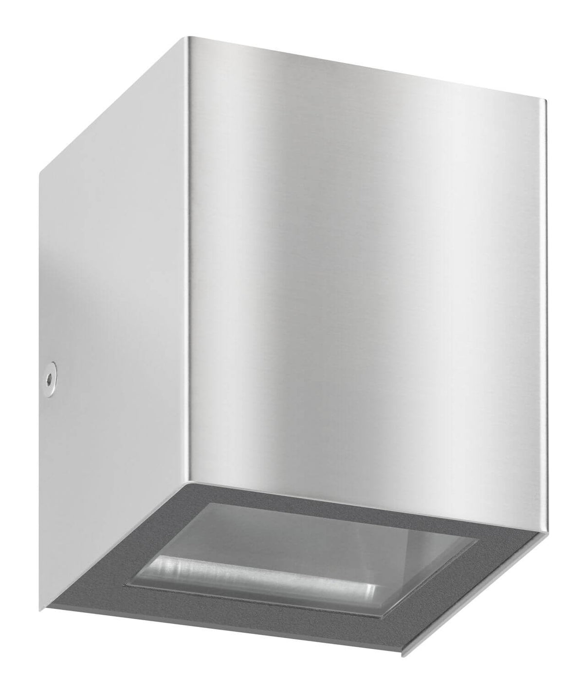 Produit de face sur fond blanc, boîtier cubique en inox brossé