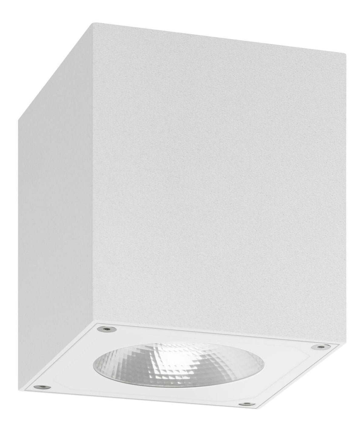 Luminaire blanc rectangulaire de trois quarts, réflecteur rond orienté vers le bas.
