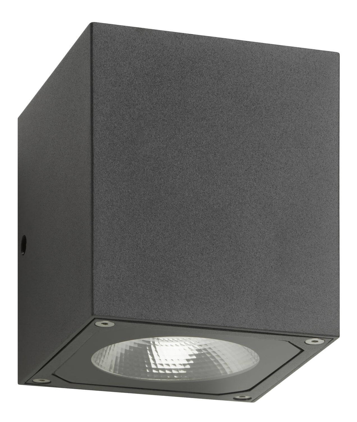 Produit de trois quarts : boîtier cubique anthracite et lentille striée orientée vers le bas