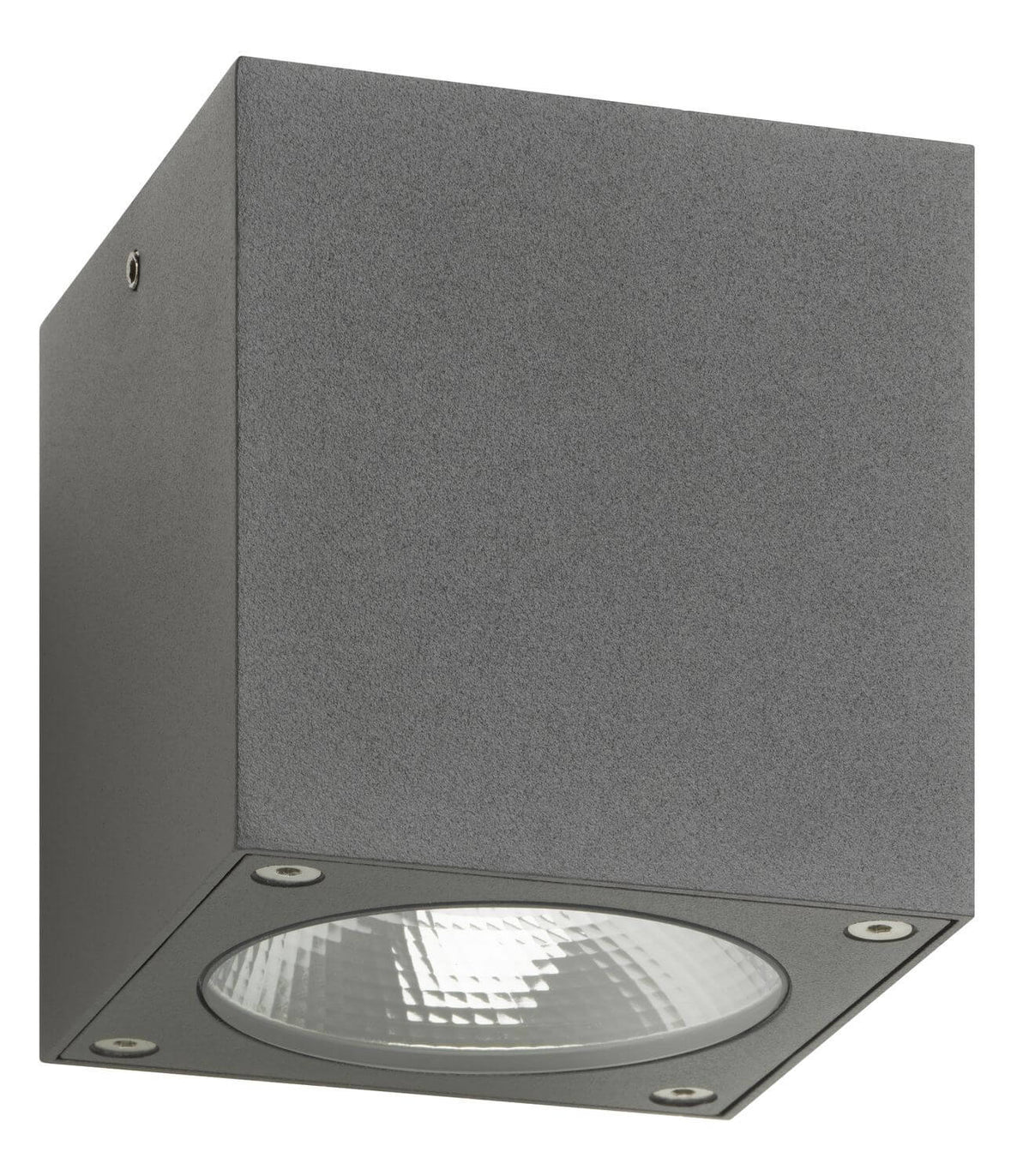 Produit de face en gros plan, boîtier cubique anthracite texturé et verre strié éteint