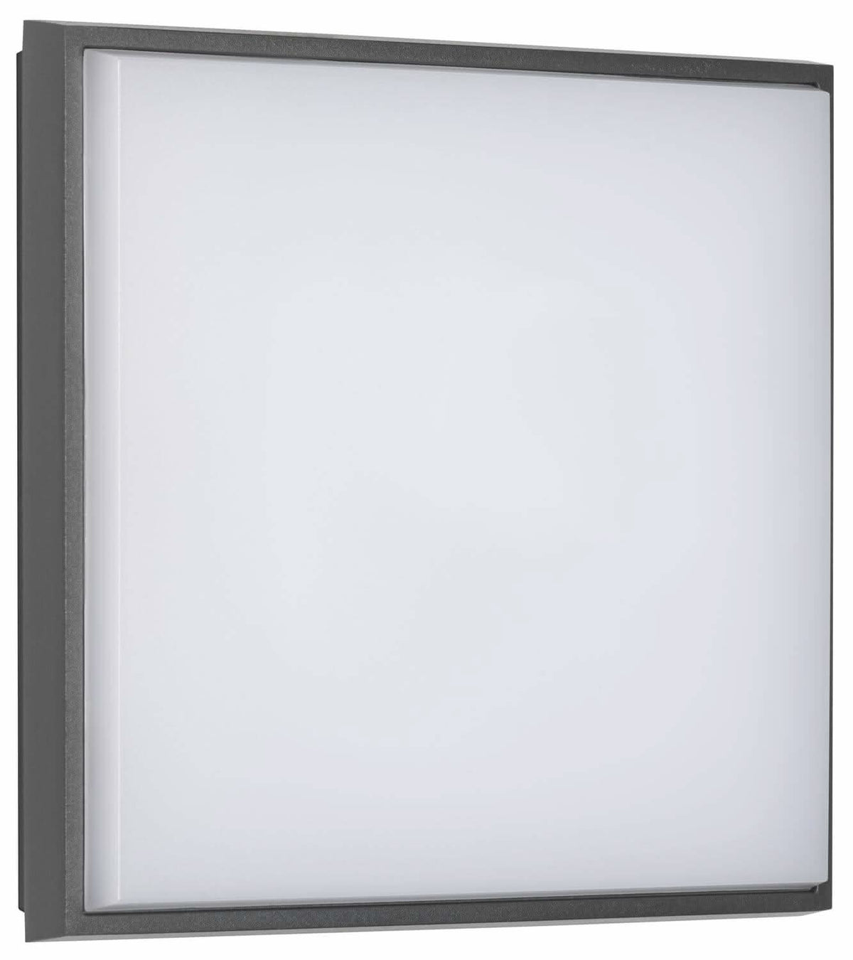 Face avant du luminaire carré, bordure graphite fine et large verre blanc satiné