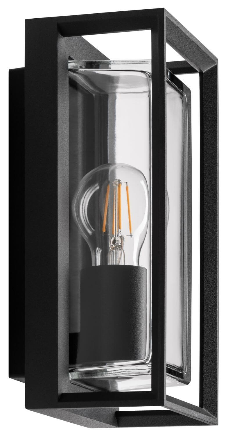 Vue de trois quarts, ampoule éteinte, cadre carré anthracite et verre bombé