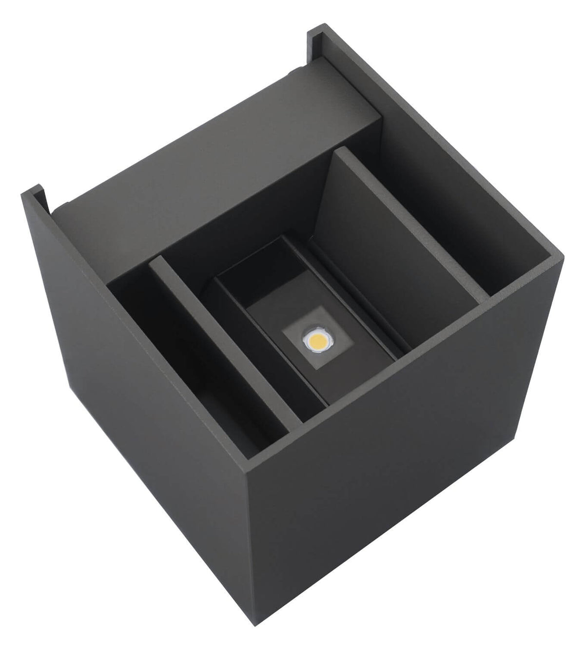 Détail technique de l'intérieur du boîtier avec module LED central et cloisons.