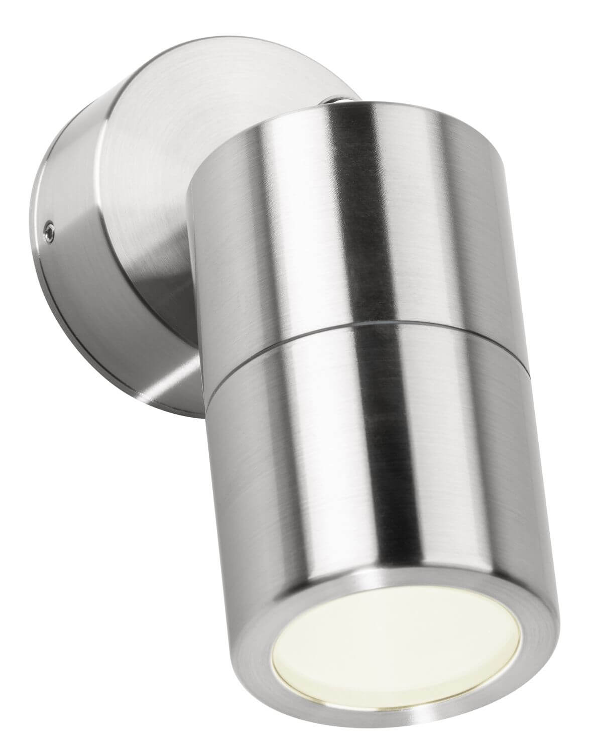 Applique murale inox avec spot cylindrique orientable allumé, diffusant une lumière blanche.