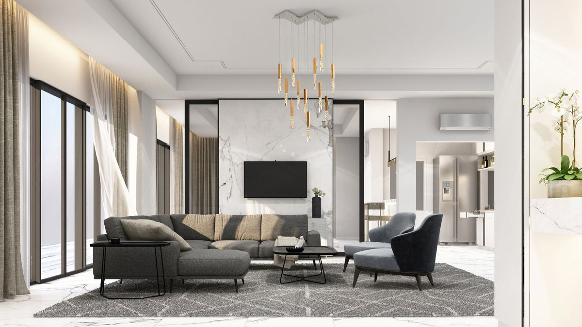Mise en ambiance du luminaire dans un salon contemporain avec canapé gris et grande baie vitrée