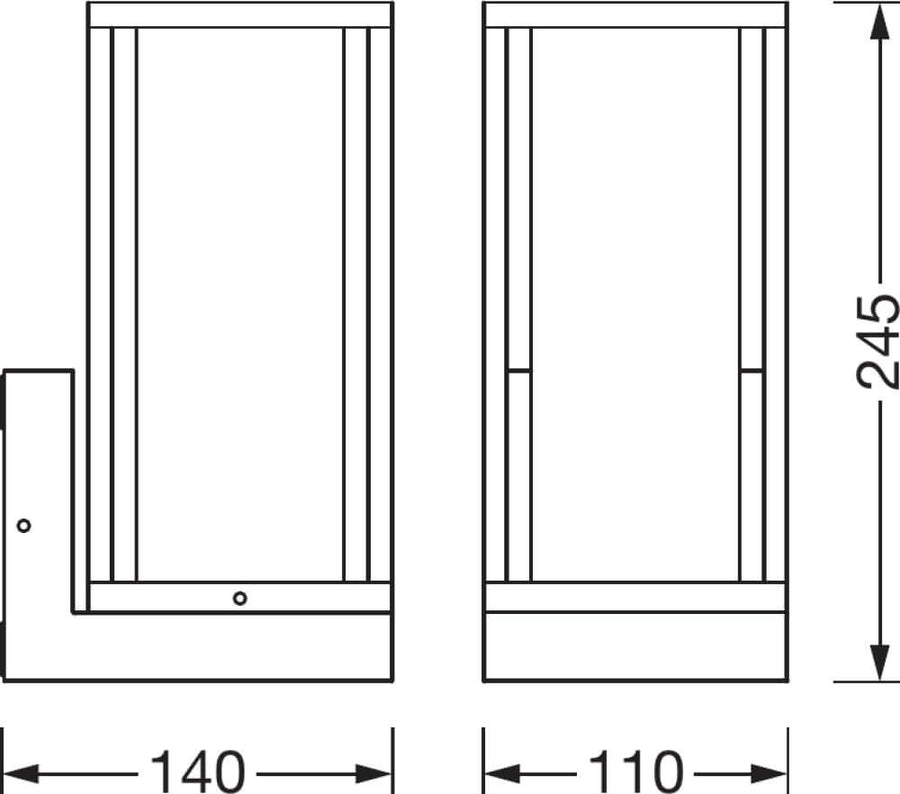 Schéma de dimensions : 245 mm de hauteur, 140 mm de largeur et 110 mm de profondeur