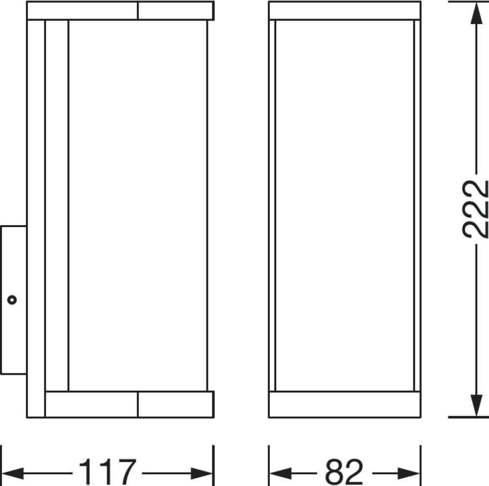 Schéma technique coté, hauteur 222 mm, largeur 117 mm et profondeur 82 mm.
