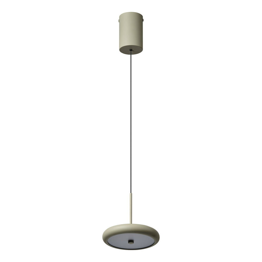 Suspension beige vue de face sur fond blanc, câble fin et rosace cylindrique.