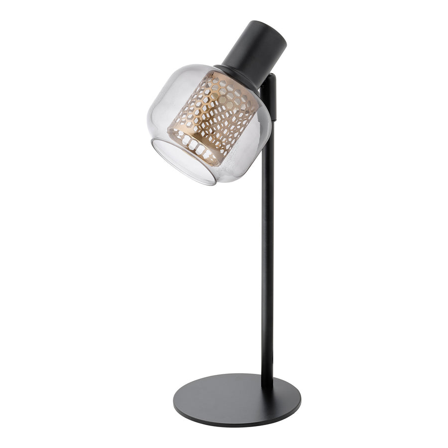Lampe à poser noire de face, abat-jour en verre et grille dorée alvéolée
