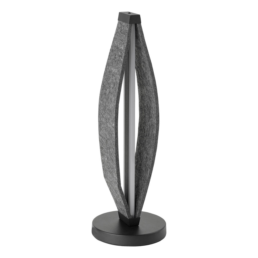 Lampe à poser anthracite de face, structure en feutre courbé et base ronde noire.