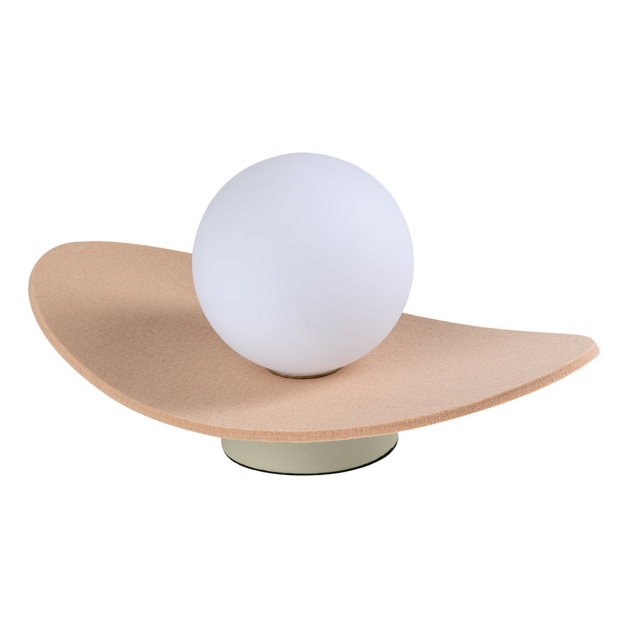 Lampe à poser avec globe de verre blanc sur base beige courbée, vue de face.