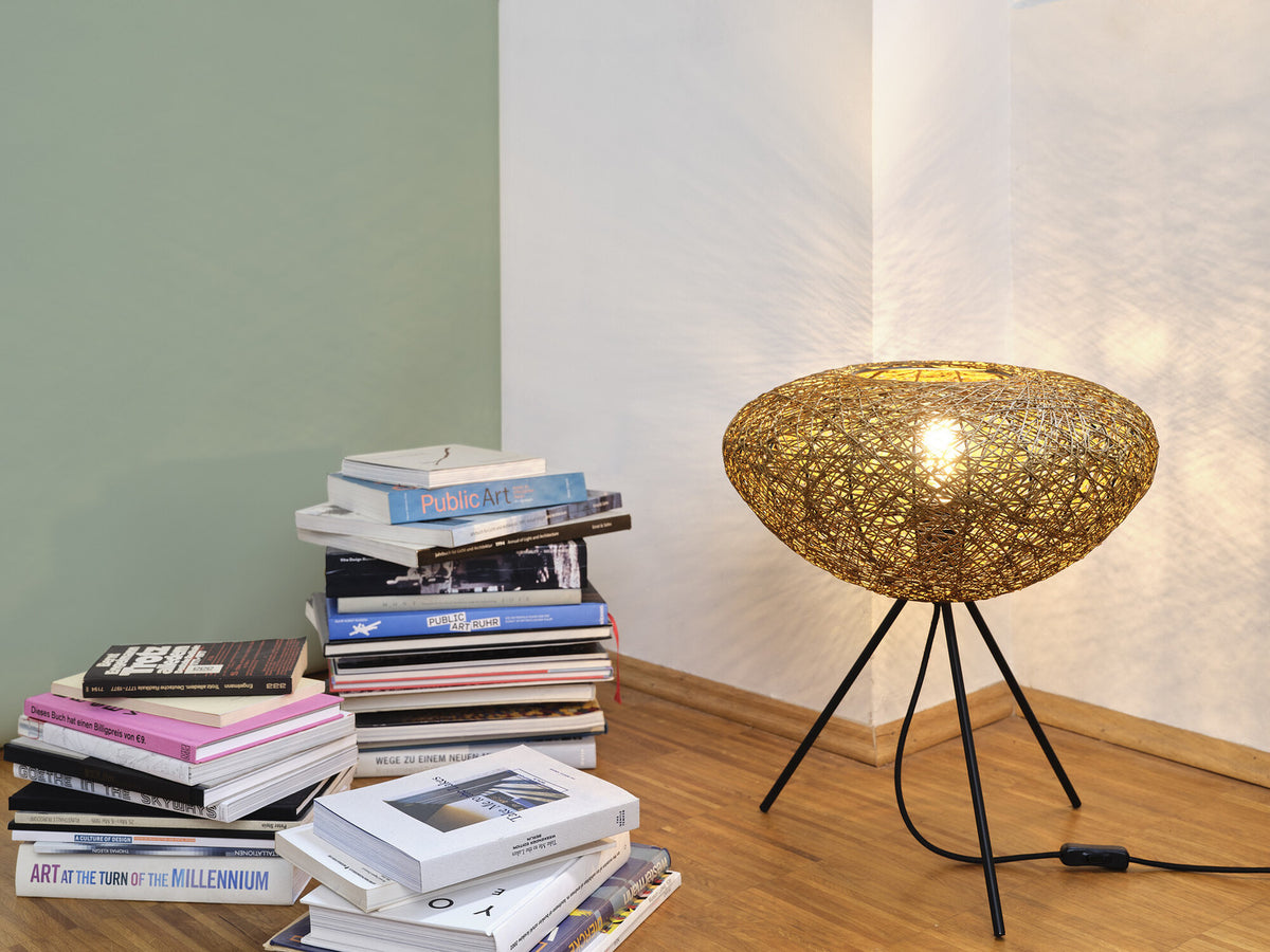 Mise en ambiance de la lampe près d'une pile de livres sur parquet en bois.